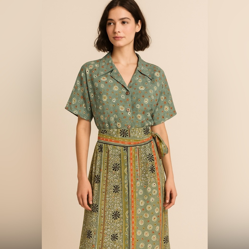 Diane Gilman 100% Silk Boho Two-Piece Set Blouse & Wrap Skirt Size M